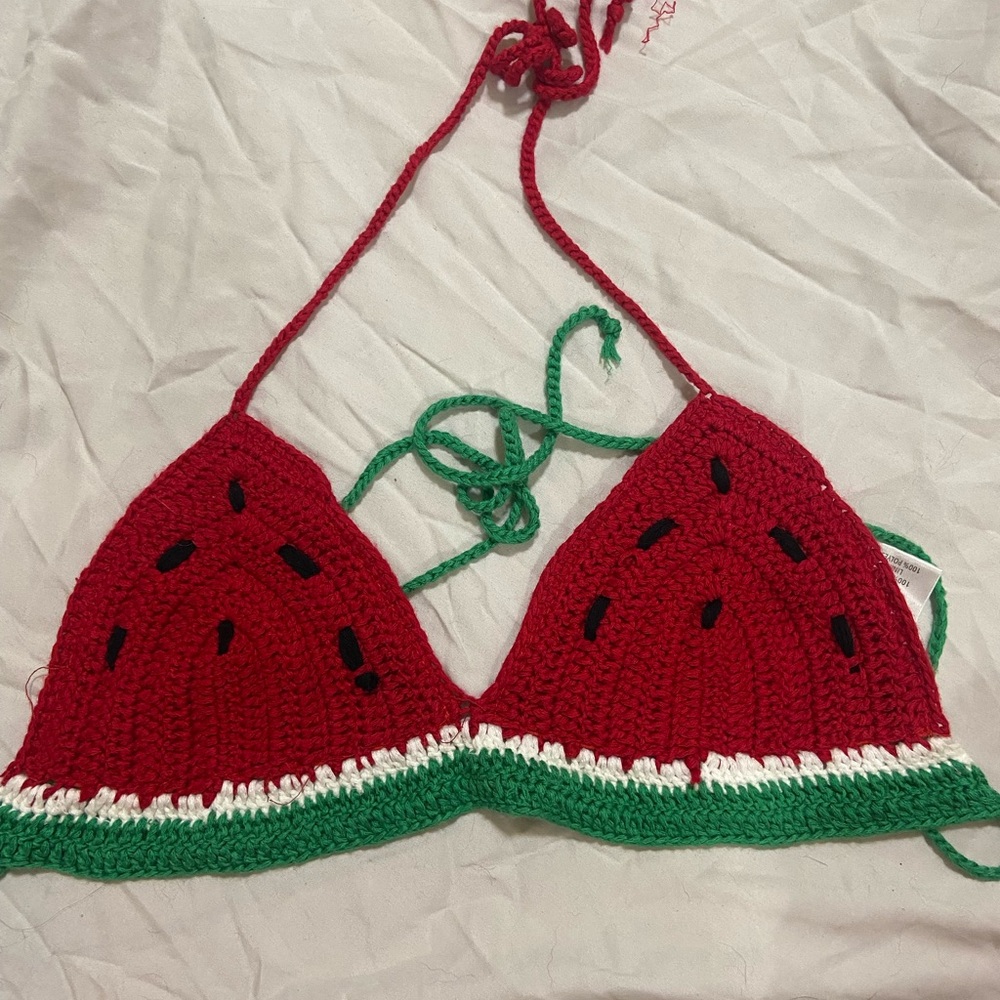 Tobi Vibrant Red and Green Watermelon Halter Crochet Top